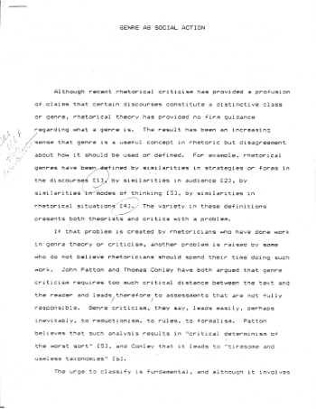 Image of typescript draft of 'Genre as Rhetorical Action' page 1, circa 1983.