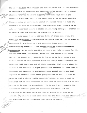 Image of typescript draft of 'Genre as Rhetorical Action' page 2, circa 1983.