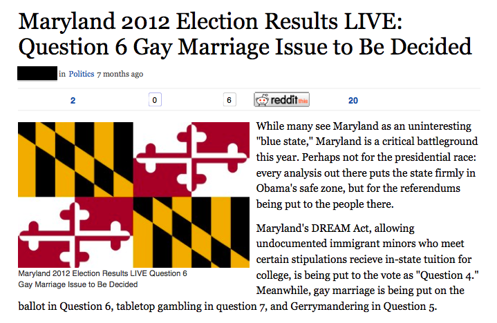 This image includes the Maryland state flag and the beginning of a blog post that argues Maryland is a “key battleground” in the 2012 election.