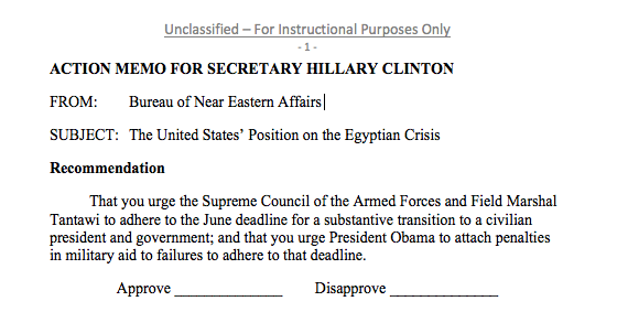 This image, titled <cite>Action Memo for Secretary Hillary Clinton,</cite> is designed to look like an official action memo. After the title, the excerpt includes a “from” line, a “subject” line, a brief recommendation, and a place to check either “approve” or “disapprove.”