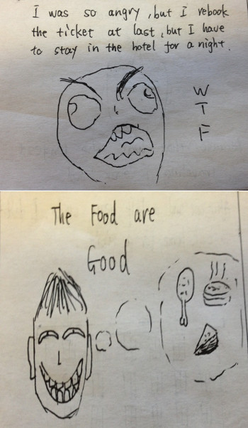 Two hand sketches. The top sketch shows a face with burrowed eyebrows and large eyes, with text that reads “I was so angry, but I rebook the ticket at last, but I have to stain in the hotel for a night. WTF.” The bottom sketch depicts a smiling face with a thought bubble. In the thought bubble are images of a burger, pizza, and chicken. There is a caption above the head that reads “The food are good.”
