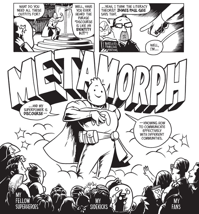 The image is labeled “High and Low Culture” and shows an illustration of the discourse superhero Metamorph dressed in tights and a cape speaking to an audience about important communicative principles.
