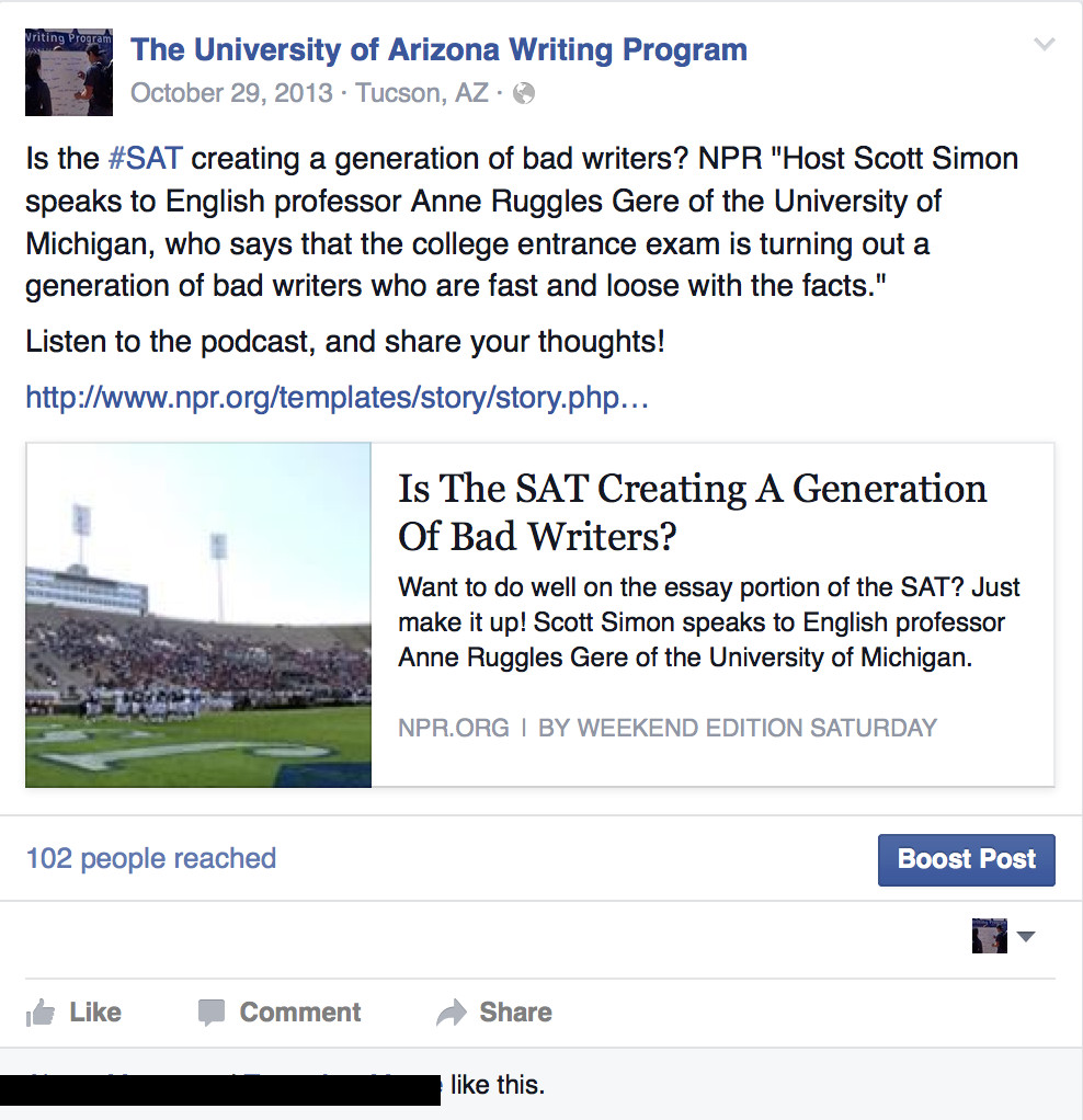 A Facebook post from the University of Arizona Writing Program linking to an interview with Anne Ruggles Gere about whether the SAT is creating a generation of bad writers.