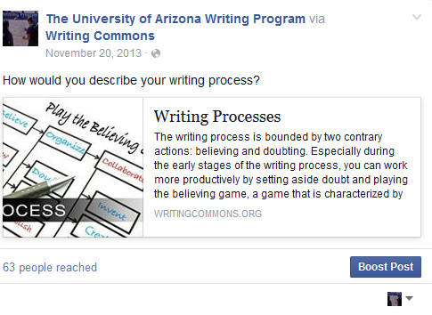 A Facebook post from the University of Arizona Writing Program inviting responses about how commenters describe their writing process.