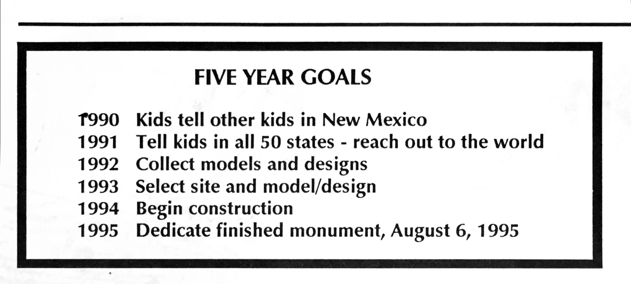 List of yearly goals, such as telling other kids in New Mexico and collecting models and designs.