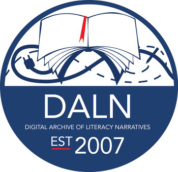 A circular blue badge featuring an open book in the top half of the logo. Behind the book is a landscape with a coiled power cord. The bottom half of the badge includes the text: 'DALN Digital Archive of Literacy Narrative Established 2007.'