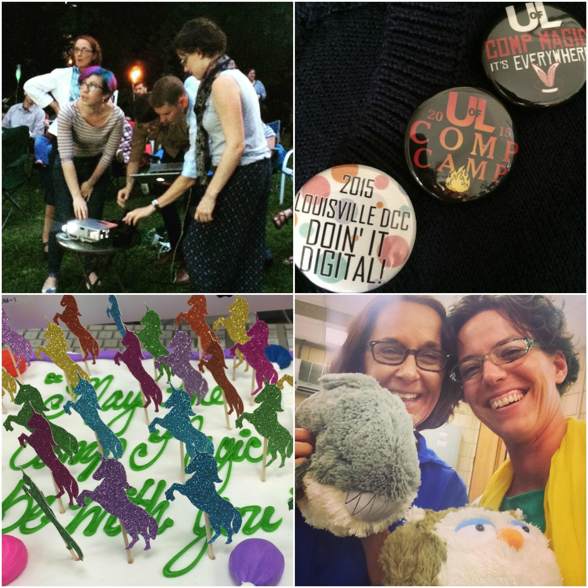 Photo collage of Brenda's work at University of Louisville. Clockwise, the photos include a group hovering around a projector; a collection of three buttons; a cake decorated with unicorns; and a smiling selfie of Brenda and Rachel Gramer.