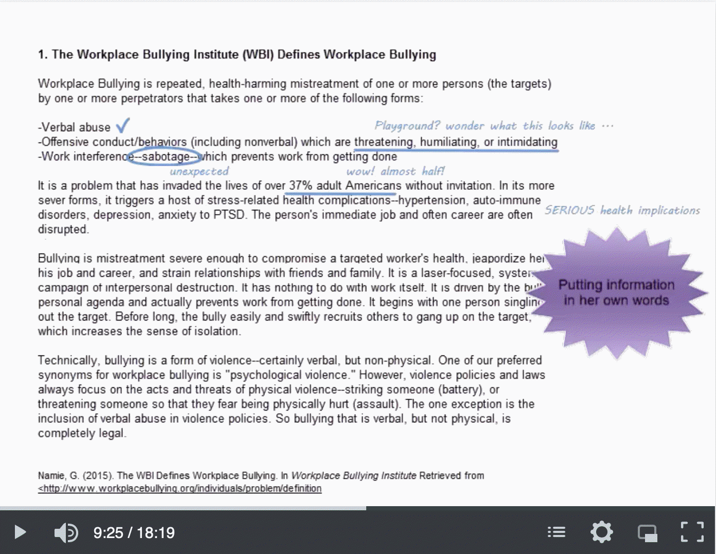 Screenshot of video that shows expert writer's marginal annotations of source text.