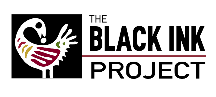 A stylized image of a Sankofa bird facing backwards with an egg in its mouth. The bird is white with red, yellow, and green feathers against a black square background. To the right, the text reads 'The Black Ink Project' in uppercase letters.