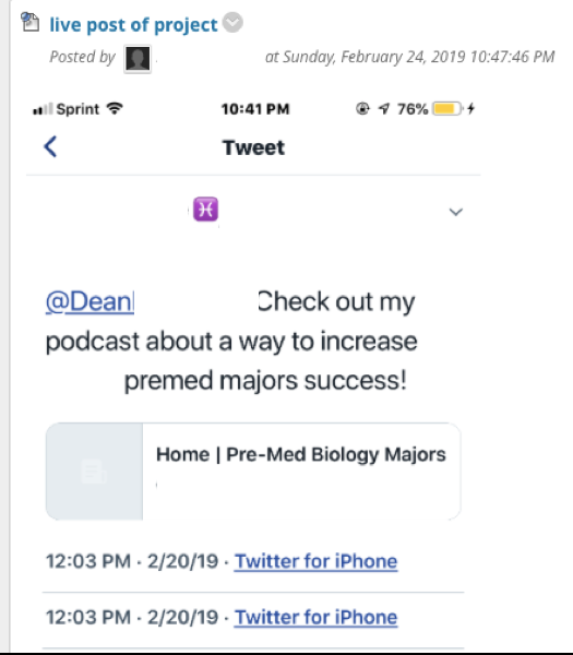 This figure shows a screenshot of a student sharing a link to their podcast via Twitter.