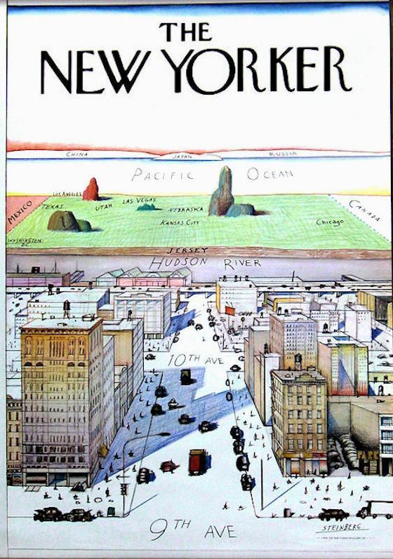 A cover of The New Yorker that shows tall buildings on either side of a busy street corner. Two streets are labeled "9th Avenue" and "10th Avenue" with the Hudson River drawn and labeled at the upper third of the cover. Beyond the Hudson are a few drawn rocks before the Pacific Ocean is drawn and labeled. "China," "Japan," and "Russia" are written in tiny print at the very top of this viewpoint map.