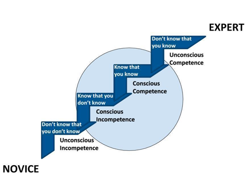 A process chart depicting the cognitive development from novice to expert with a circle highlighting the liminal space in the middle, overlapping with the stages of conscious incompetence and conscious competence.