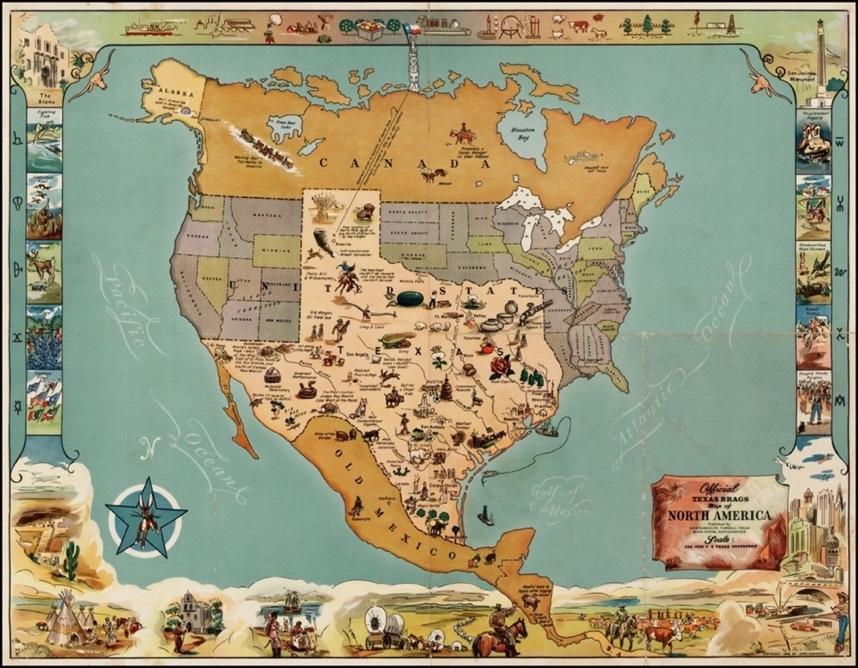 An artist's rendition of the North American continent with an oversized shape of the state of Texas reaching from Canada to Old Mexico. The state is covered with several symbols of prosperity and culture. The other states are grey and much smaller than actual scaled size. There is a colorful border of images typically associated with westward expansion.