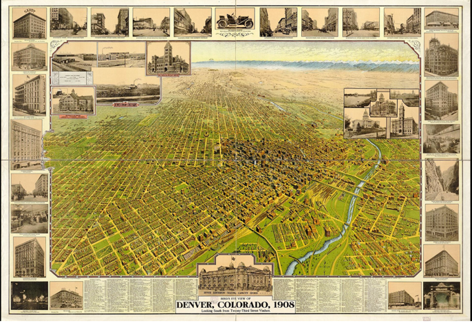 An artist's rendition of an ariel view of Denver, Colorado in 1908 with no distinguishable shapes of houses, etc. However, there are gridded lines indicating streets, and there are images of specific buildings places in a border around the ariel view of the city. The words "Denver, Colorado, 1908" are placed at the bottom center.